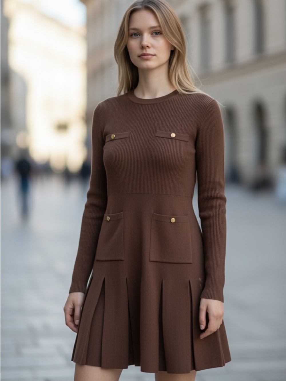 Zara Brown Long-Sleeve Knit Pleated Short Dress